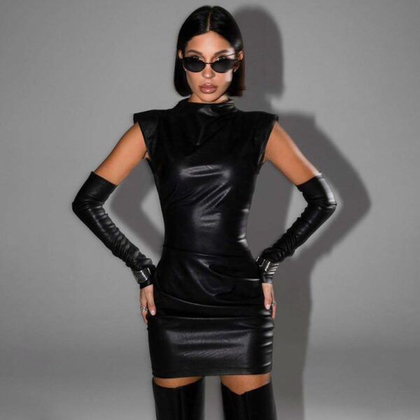 Street Hipster Chic: Faux Leather Stand Collar Dress