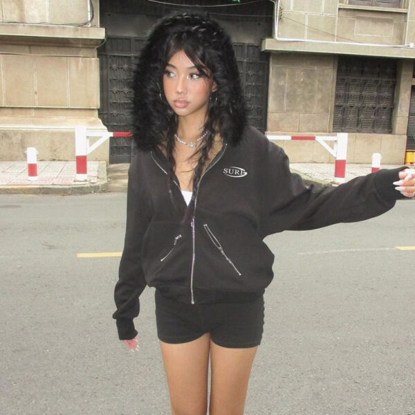 Aston Sienna Black Zipper Split Printed Plush Hooded Sweatshirt