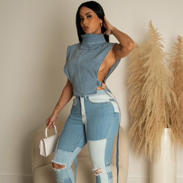 Effortless Workwear: Denim Washed Pile Collar Sleeveless Vest