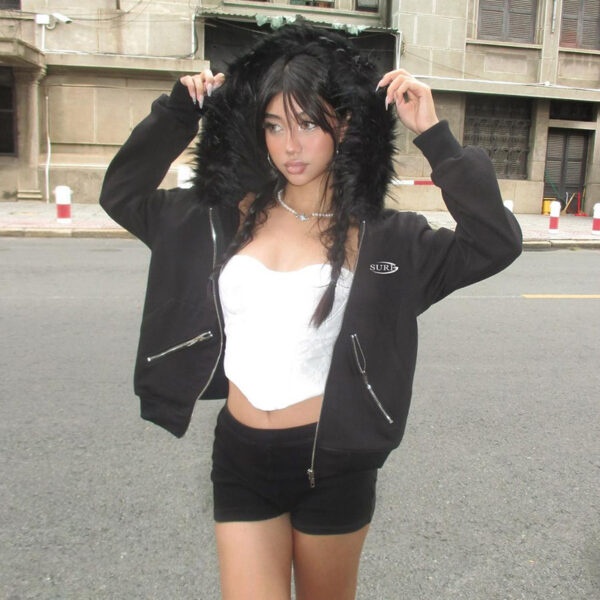 Aston Sienna Black Zipper Split Printed Plush Hooded Sweatshirt