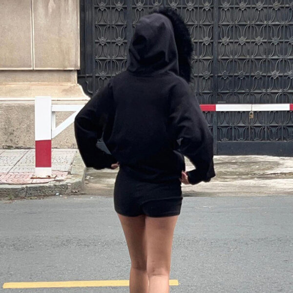 Aston Sienna Black Zipper Split Printed Plush Hooded Sweatshirt