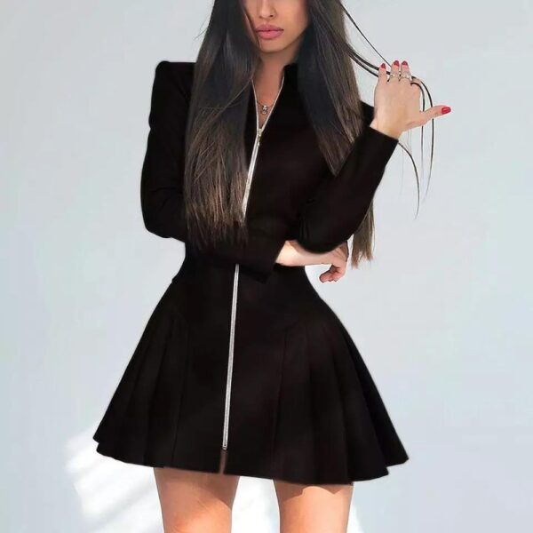 Chic Fitted Faux Leather Zipper Dress with Pleated Long Sleeves