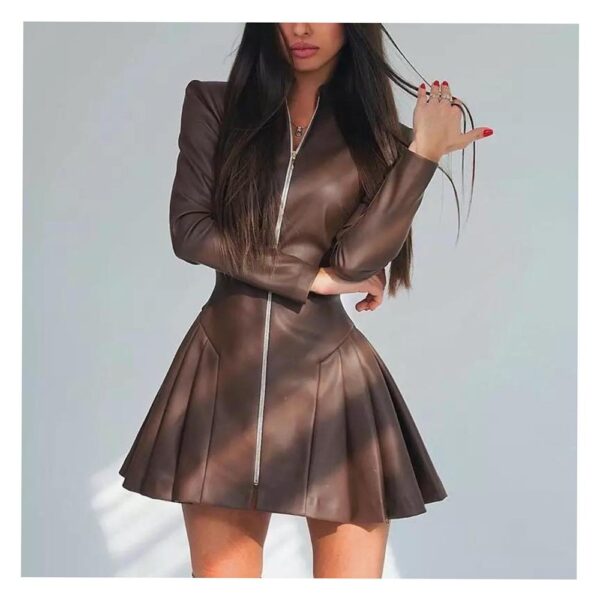 Chic Fitted Faux Leather Zipper Dress with Pleated Long Sleeves