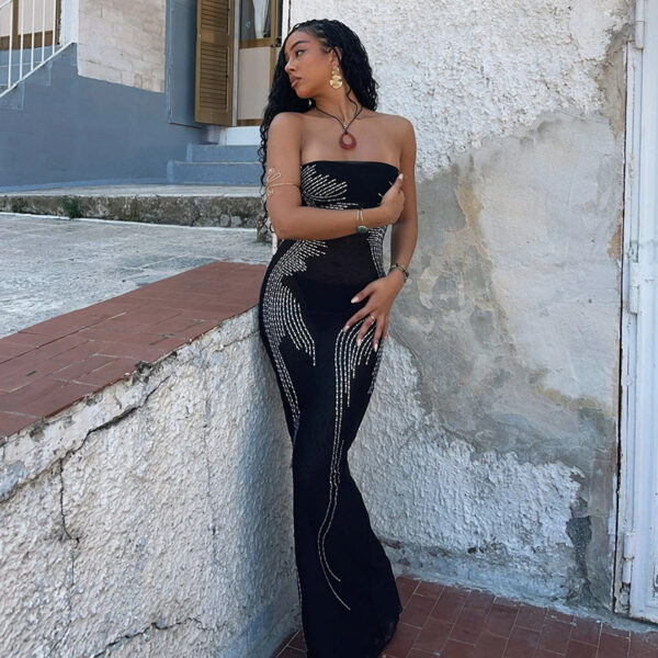 Elegant Rhinestone Tube Top Dress with Angel Wings – Perfect for Autumn