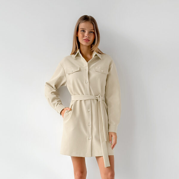 Elegant Retro: Collared Khaki Belted Dress