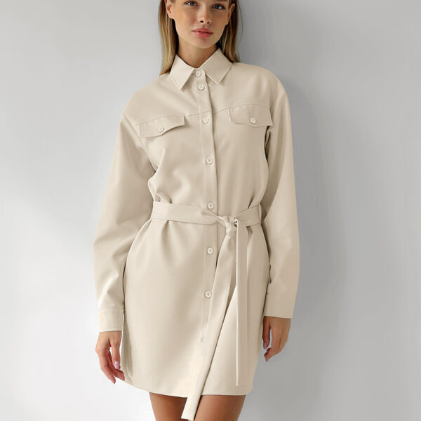 Elegant Retro: Collared Khaki Belted Dress