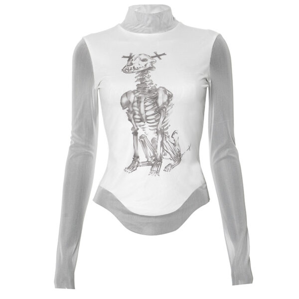 Edgy Chic: Skull Print Mesh Stitch Long Sleeve Top