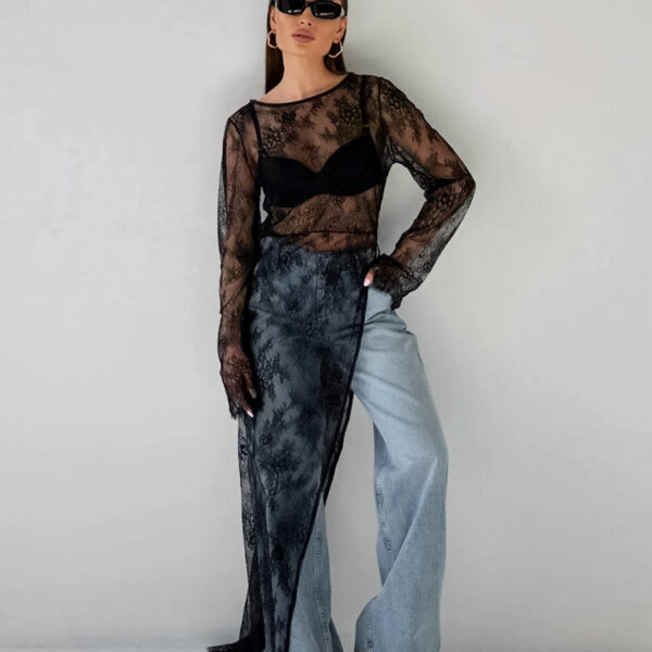 Alluring Elegance: Black Brocade Lace See-Through Maxi Dress