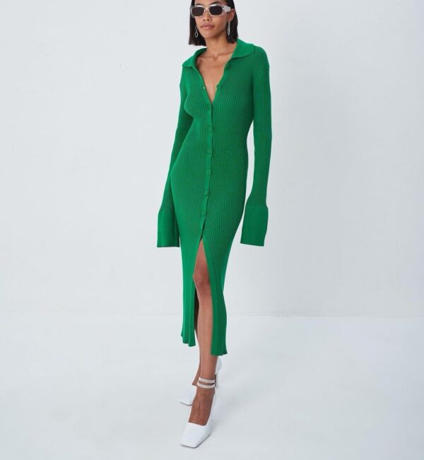 Cozy Chic: Autumn Long Sleeve V-neck Button Bell Sleeve Dress Sweater