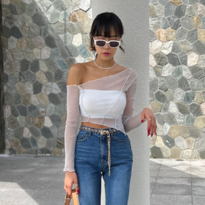 Autumn Allure: Oblique Shoulder Mesh Top-ASTONSIENNABOUTIQUE