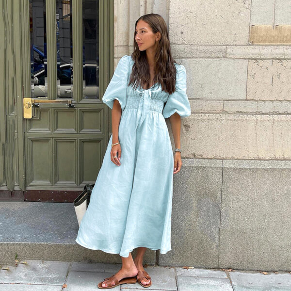Refined Elegance: French V-Neck Cotton Linen Dress