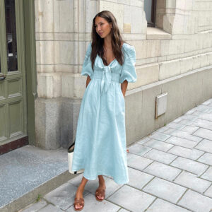 Refined Elegance: French V-Neck Cotton Linen Dress