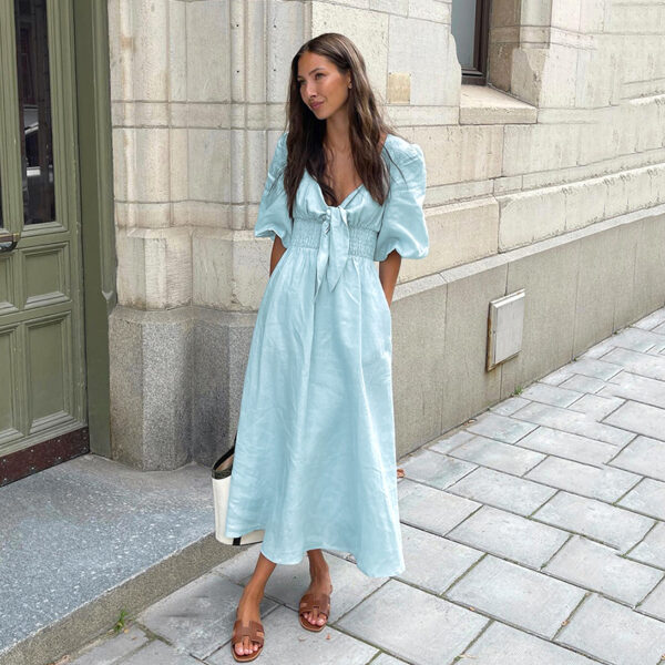 Refined Elegance: French V-Neck Cotton Linen Dress