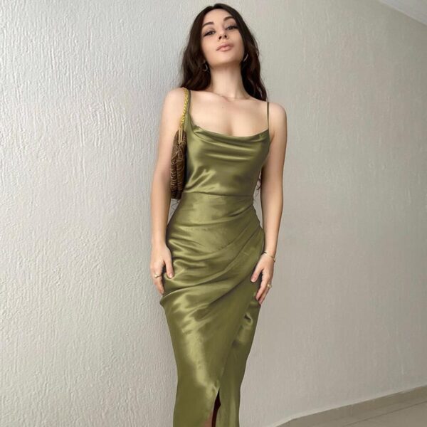 Aston Sienna Sultry Elegance: Low Cut Satin Split Sling Dress