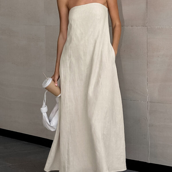 Elegant Chic: Khaki Cotton Linen Tube Top Vacation Dress