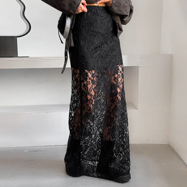 Retro Chic: Black Lace See-Through Ankle High Skirt - Image 4