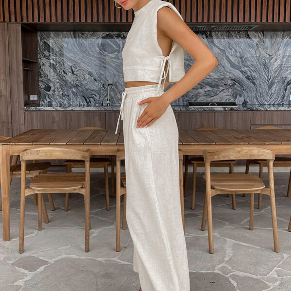 Chic and Comfortable: Summer Cotton Linen Padded Shoulder Two-Piece Set
