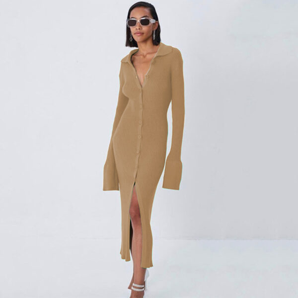Cozy Chic: Autumn Long Sleeve V-neck Button Bell Sleeve Dress Sweater Aston Sienna
