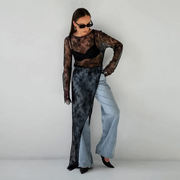 Alluring Elegance: Black Brocade Lace See-Through Maxi Dress