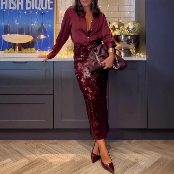 Spring & Autumn Party Chic: Sequin Skirt and Shirt Two-Piece Set