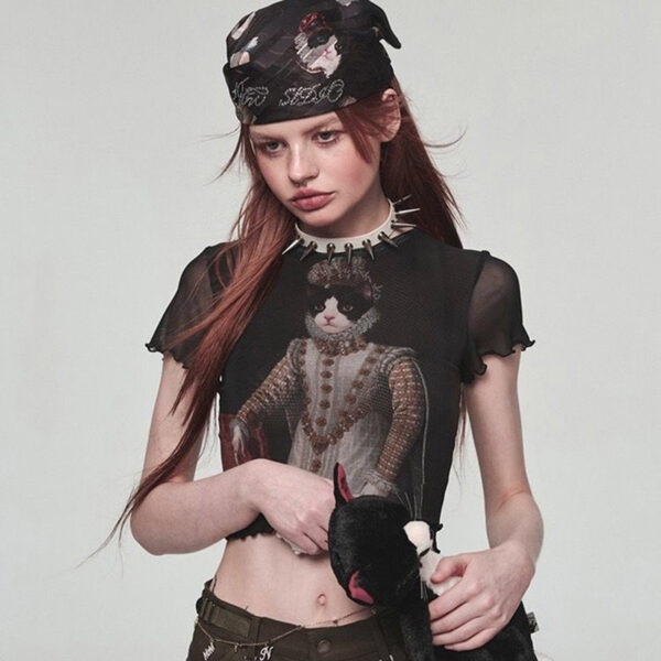 Trendy & Playful: Retro Cat Print Mesh Top