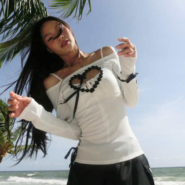 Elegance Redefined: Hollowed Heart Shape Lace Ribbon Top