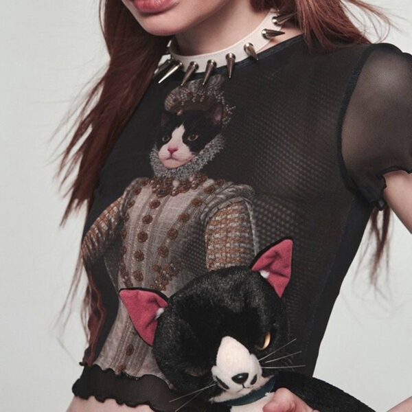 Trendy & Playful: Retro Cat Print Mesh Top
