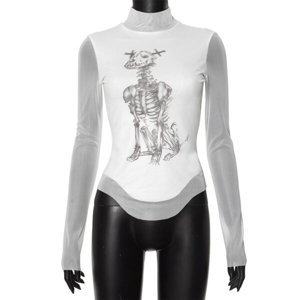 Edgy Chic: Skull Print Mesh Stitch Long Sleeve Top
