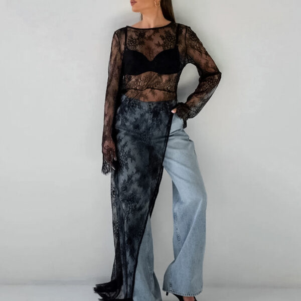 Alluring Elegance: Black Brocade Lace See-Through Maxi Dress