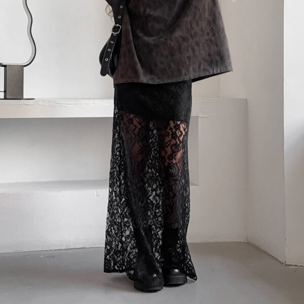 Retro Chic: Black Lace See-Through Ankle High Skirt - Image 3