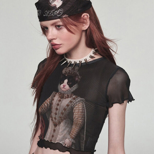 Trendy & Playful: Retro Cat Print Mesh Top