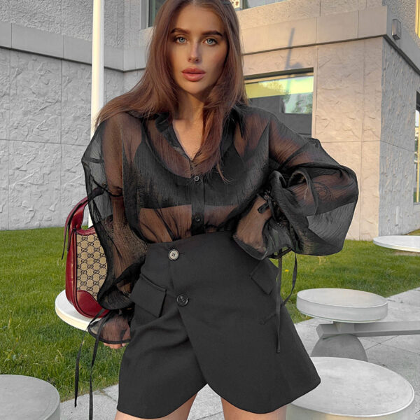 Glamorous Black Mesh Collared Puff Sleeve Top
