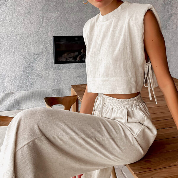 Chic and Comfortable: Summer Cotton Linen Padded Shoulder Two-Piece Set