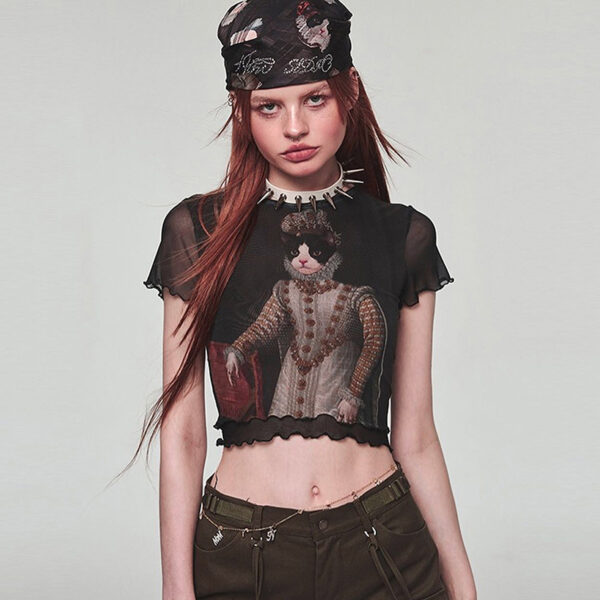 Trendy & Playful: Retro Cat Print Mesh Top