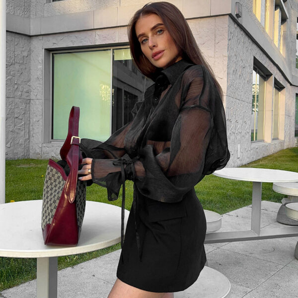 Glamorous Black Mesh Collared Puff Sleeve Top