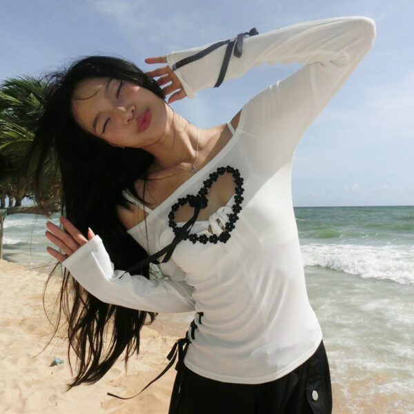 Elegance Redefined: Hollowed Heart Shape Lace Ribbon Top