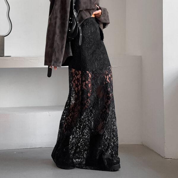 Retro Chic: Black Lace See-Through Ankle High Skirt