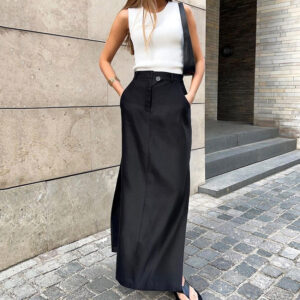 Sleek Sophistication: Black Cotton Silk High-Waist Skirt