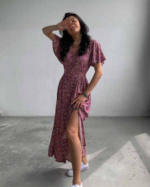 Fresh & Stylish: Spring Summer Mid-Sleeve Waist Split Floral Dress