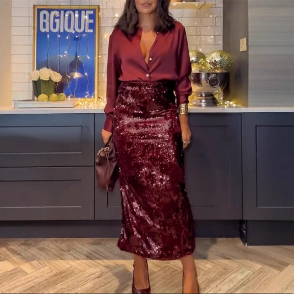 Spring & Autumn Party Chic: Sequin Skirt and Shirt Two-Piece Set