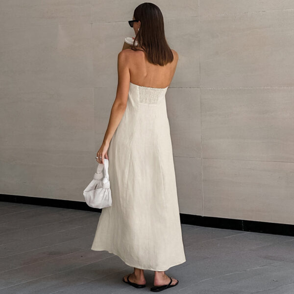 Elegant Chic: Khaki Cotton Linen Tube Top Vacation Dress