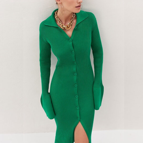 Cozy Chic: Autumn Long Sleeve V-neck Button Bell Sleeve Dress Sweater Aston Sienna