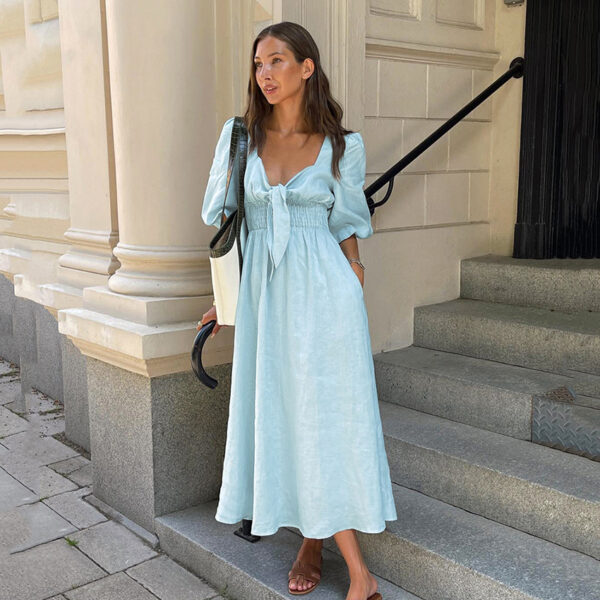 Refined Elegance: French V-Neck Cotton Linen Dress