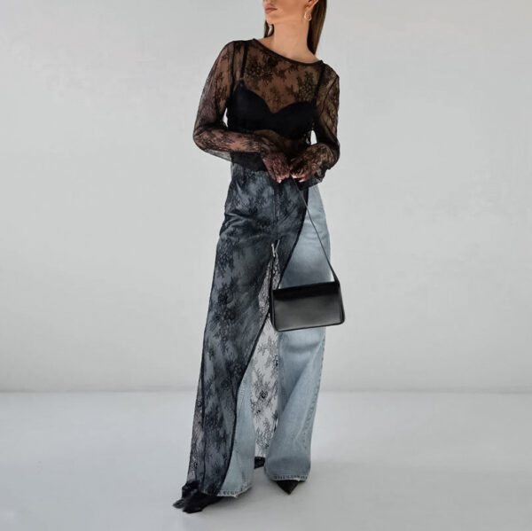 Alluring Elegance: Black Brocade Lace See-Through Maxi Dress
