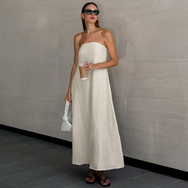Elegant Chic: Khaki Cotton Linen Tube Top Vacation Dress