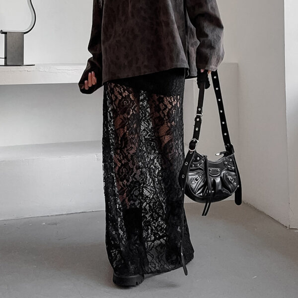 Retro Chic: Black Lace See-Through Ankle High Skirt - Image 2