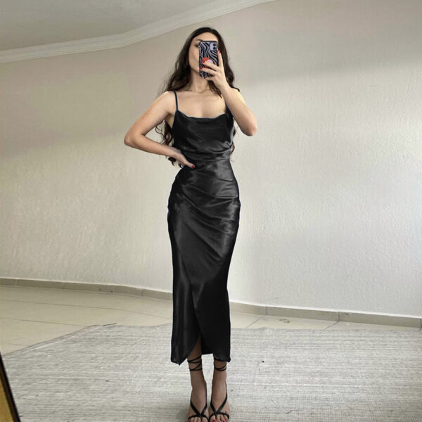 Aston Sienna Sultry Elegance: Low Cut Satin Split Sling Dress