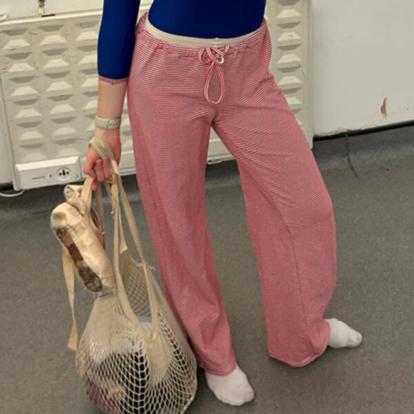 ASTON SIENNA Effortless Elegance: High Waist Striped Lace-Up Baggy Trousers