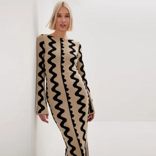 Chic and Cozy: Autumn Winter Wave Striped Maxi Dress