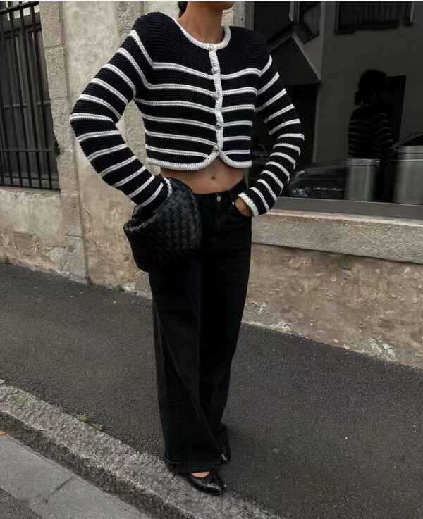 Stay Chic in Autumn/Winter Striped Buckle Cardigan Coat - Image 2